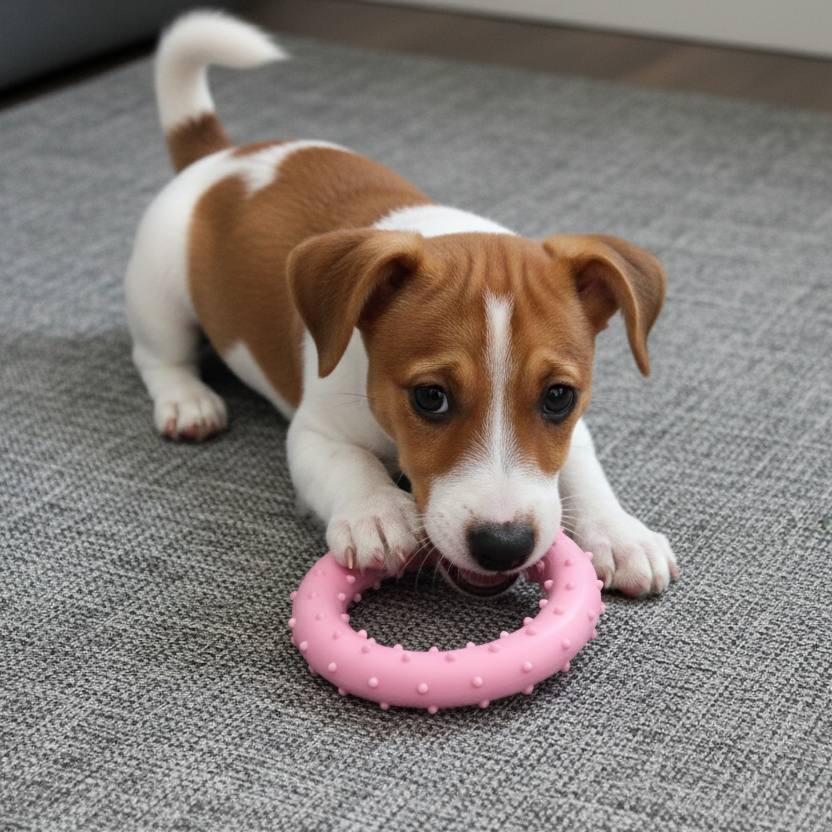 Cute brown and white puppy chewing pink rubber ring dog toy on gray carpet