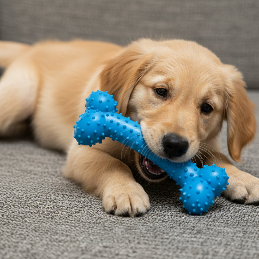 Golden retriever puppy chewing blue textured dog toy on grey sofa