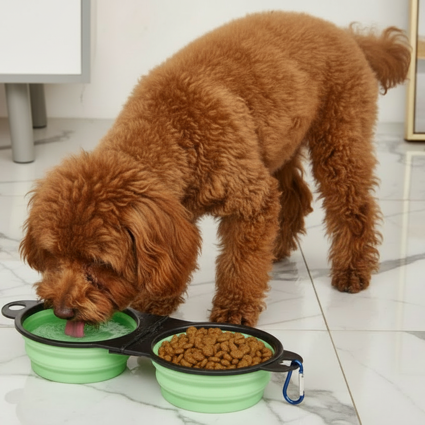 Cute brown dog eating dry food and drinking water from green collapsible pet bowls indoors