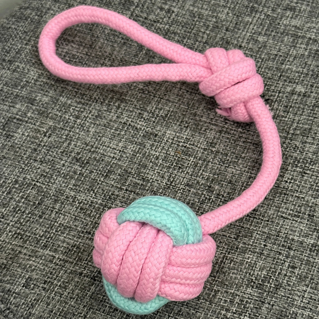 Pink and mint green rope dog toy with knot and loop on gray fabric background
