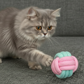 Grey fluffy cat playing with a pastel pink and blue rope ball cat toy on a grey sofa