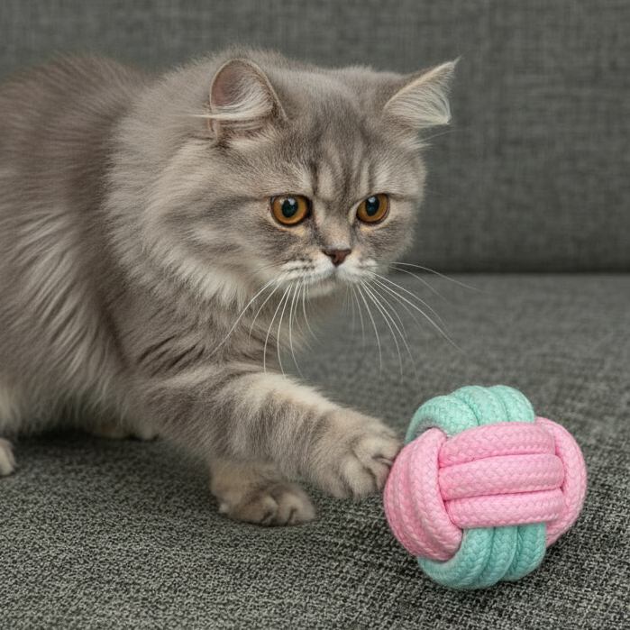 Grey fluffy cat playing with a pastel pink and blue rope ball cat toy on a grey sofa