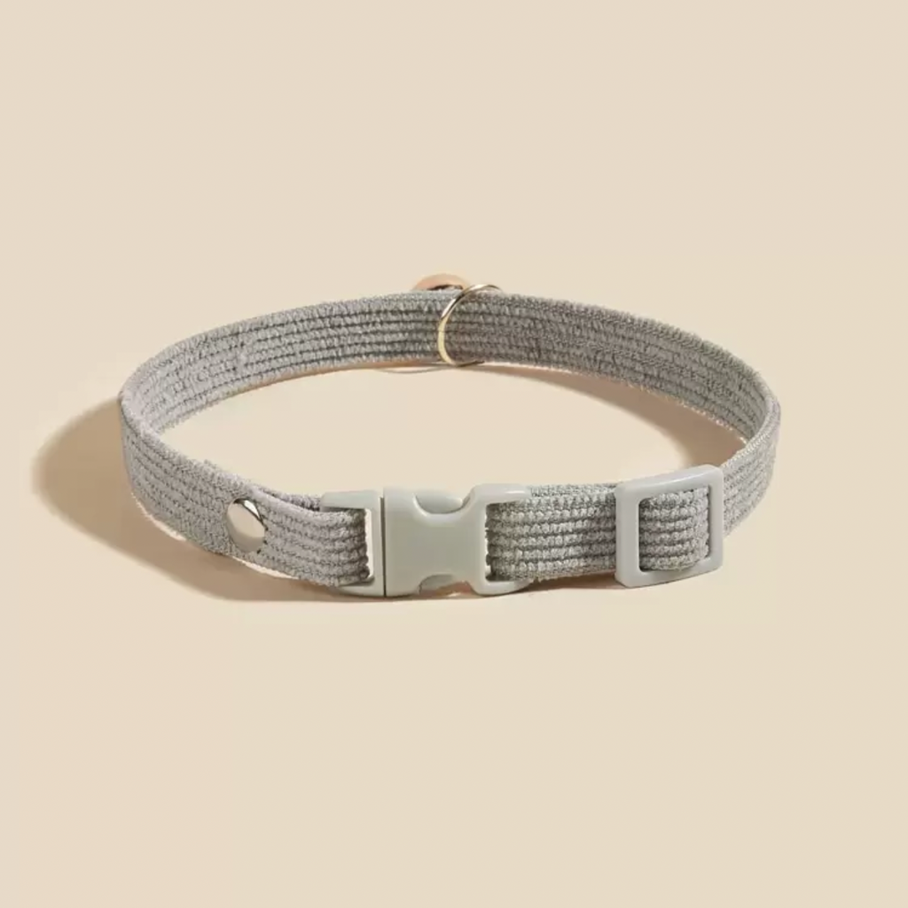 Gray adjustable pet collar with plastic buckle and metal ring on beige background