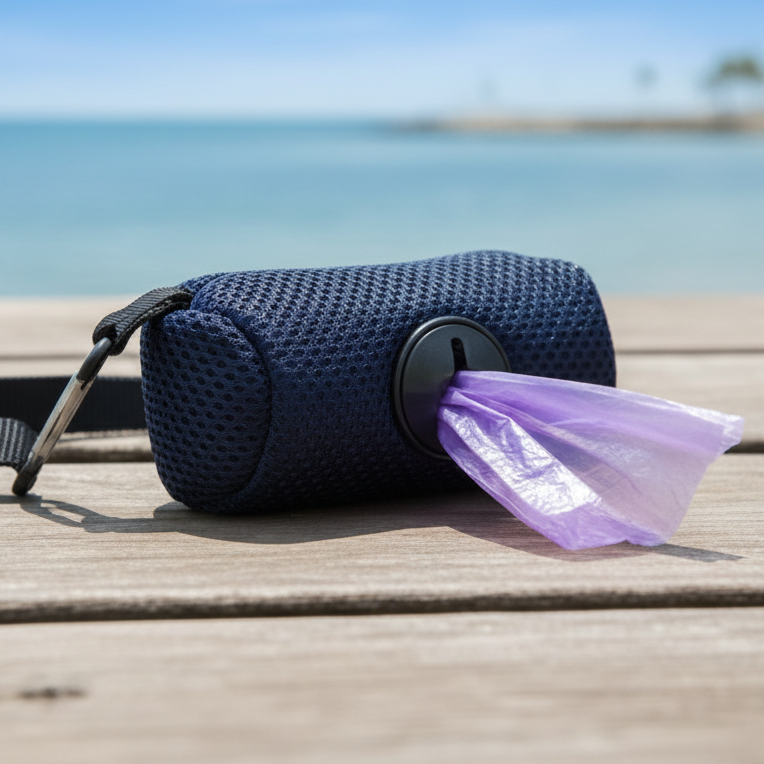 Navy blue dog waste bag dispenser with purple bags on wooden deck by the sea