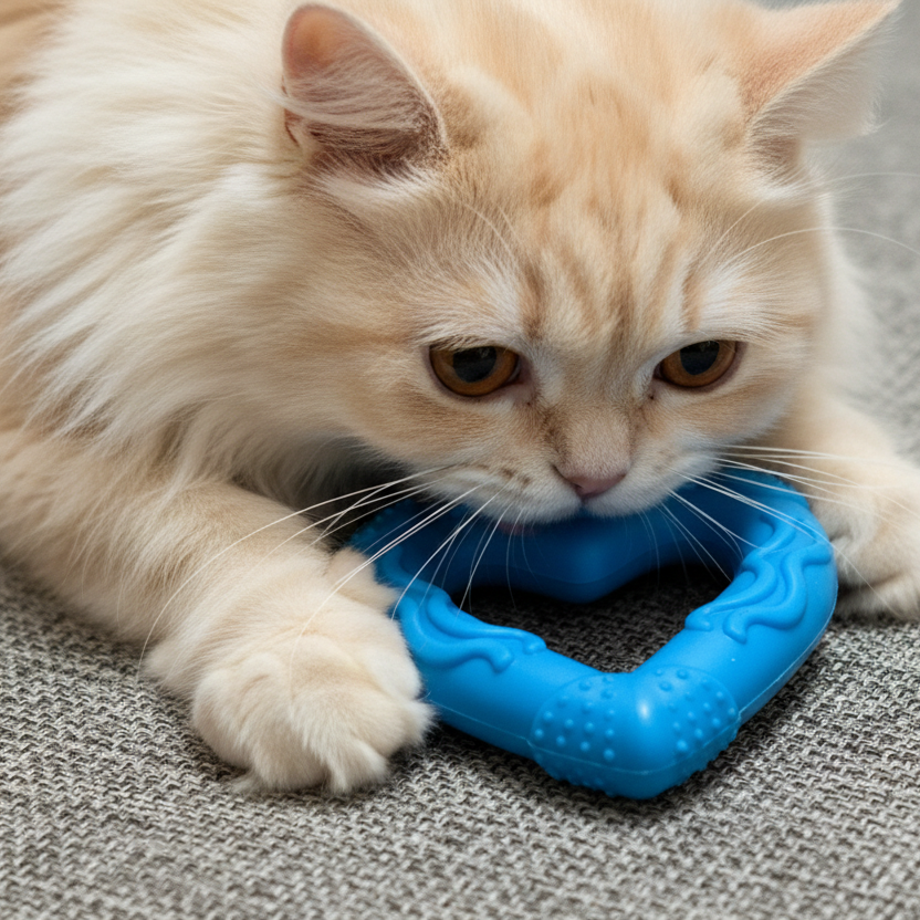 Fluffy cream cat playing with a blue heart-shaped pet toy on grey fabric