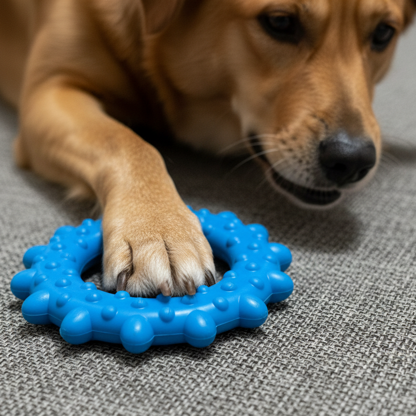 Dog playing with blue rubber chew ring toy on gray fabric surface