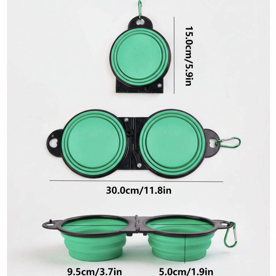 Collapsible green double pet travel bowls with measurements and carabiner clips