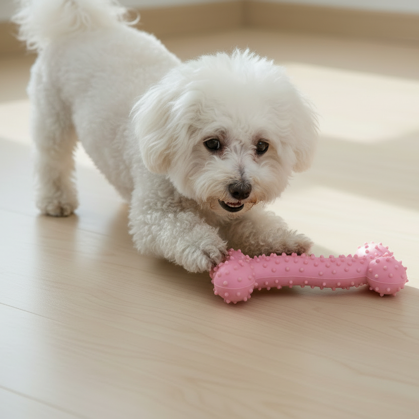 Small fluffy white dog playing indoors with a pink textured bone chew toy