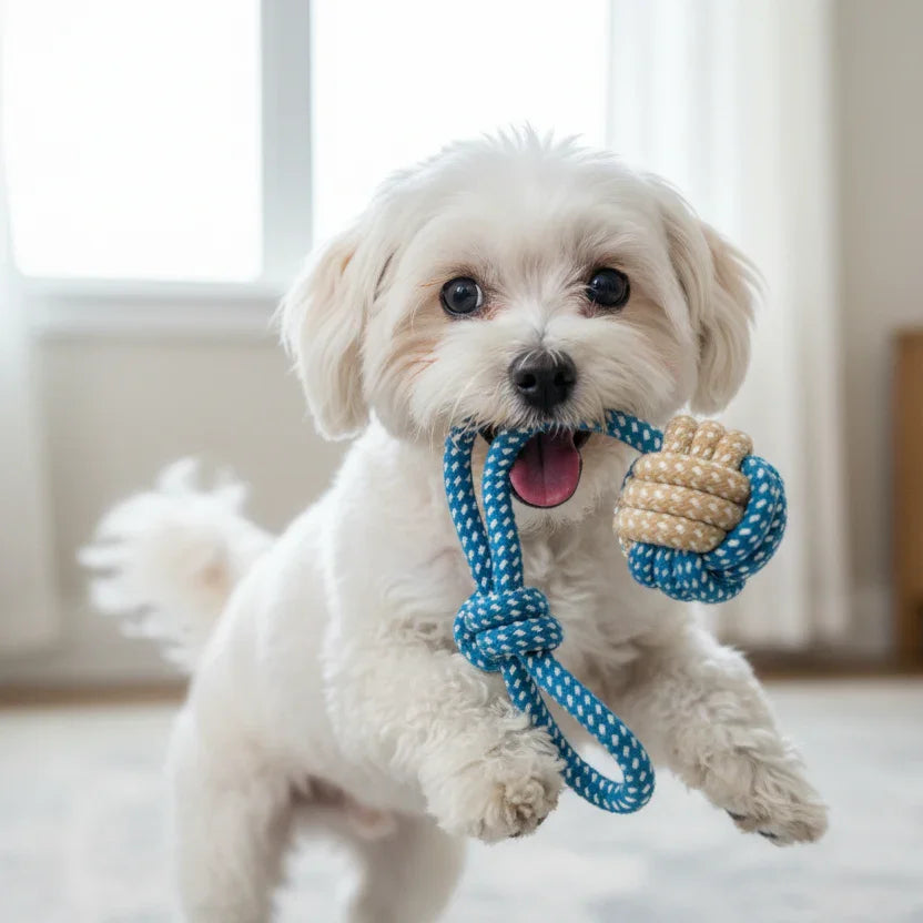 Small white dog playing indoors with blue rope toy, cute pet accessories, playful puppy