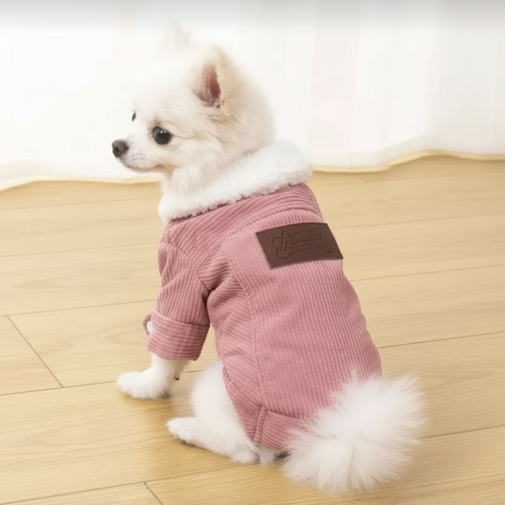 Small white dog wearing a pink corduroy pet jacket with faux fur collar, sitting indoors