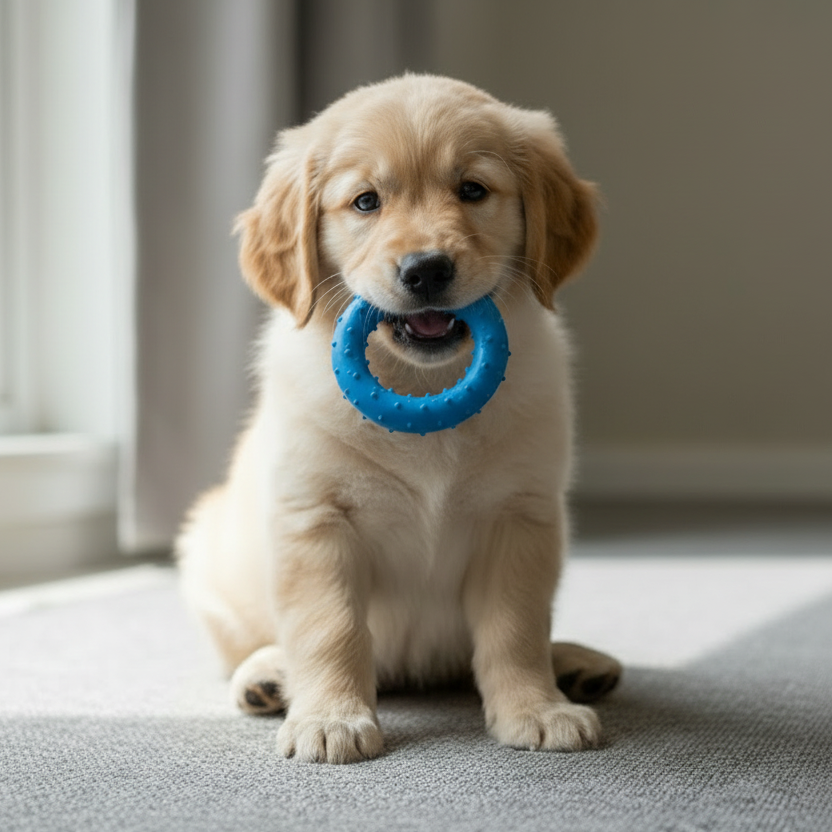 Golden retriever puppy with blue chew toy sitting on carpet in natural light
