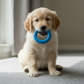 Golden retriever puppy with blue chew toy sitting on carpet in natural light