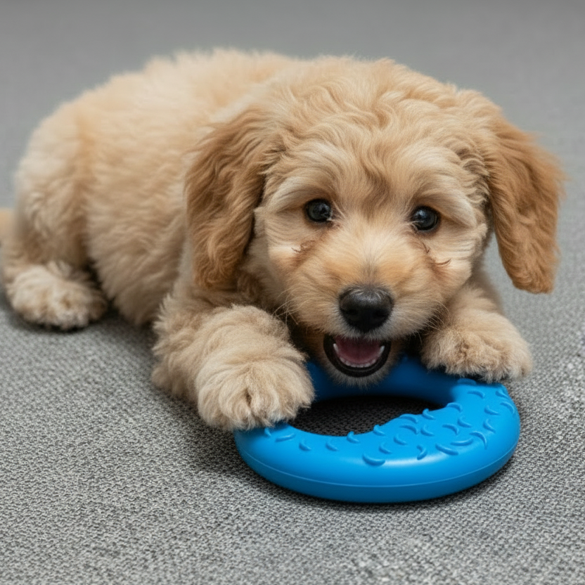 Cute fluffy puppy playing with blue chew toy on carpet, pet accessories concept