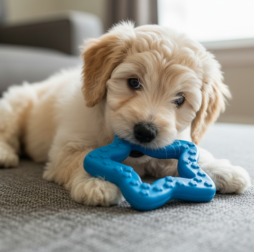 Cute puppy playing with blue star-shaped chew toy on a sofa, pet accessories
