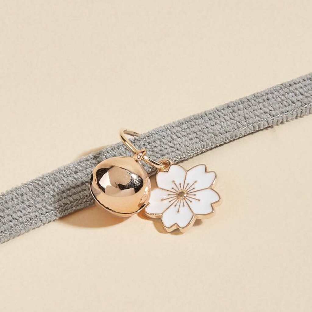Gray pet collar with gold bell and white flower charm on beige background