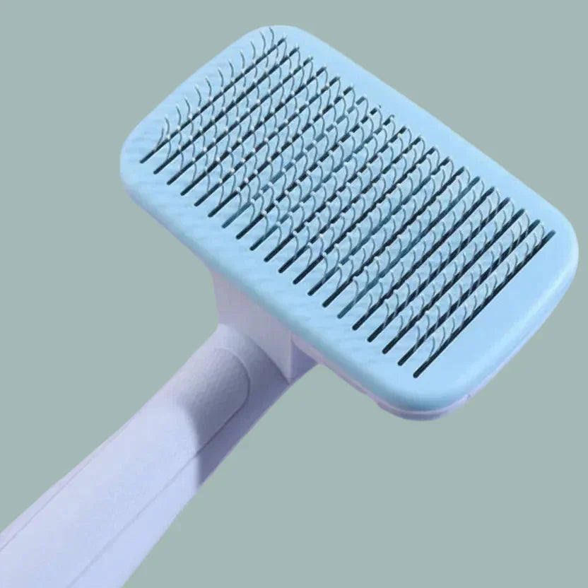 Light blue pet grooming brush with fine metal bristles on a pale background
