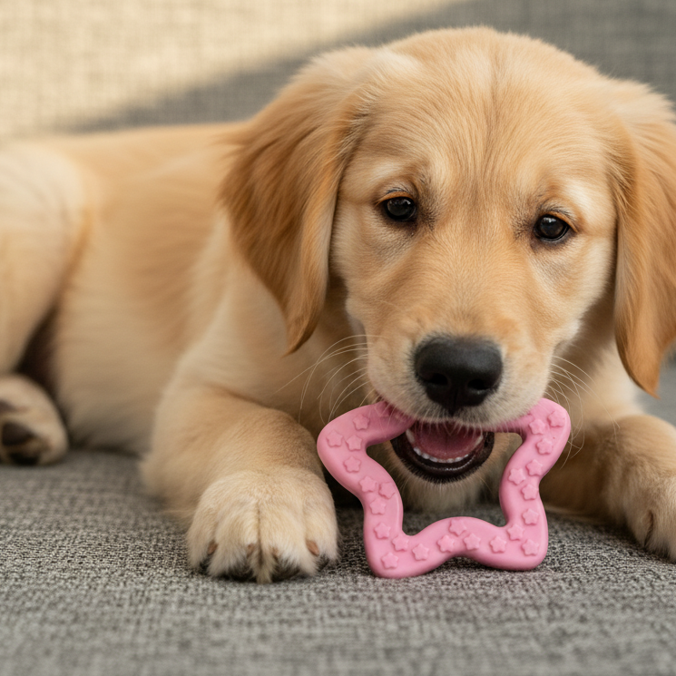 Golden retriever puppy chewing pink star-shaped dog toy on grey sofa