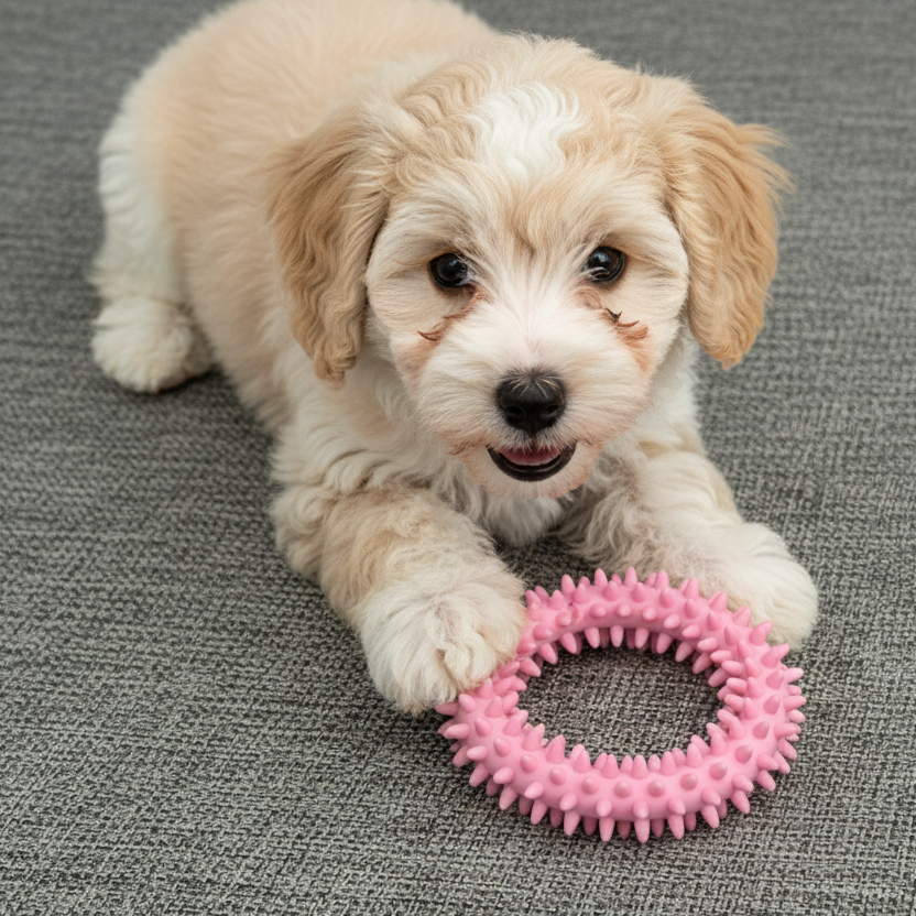 Cute small puppy with fluffy fur playing with pink spiky dog chew toy on grey carpet