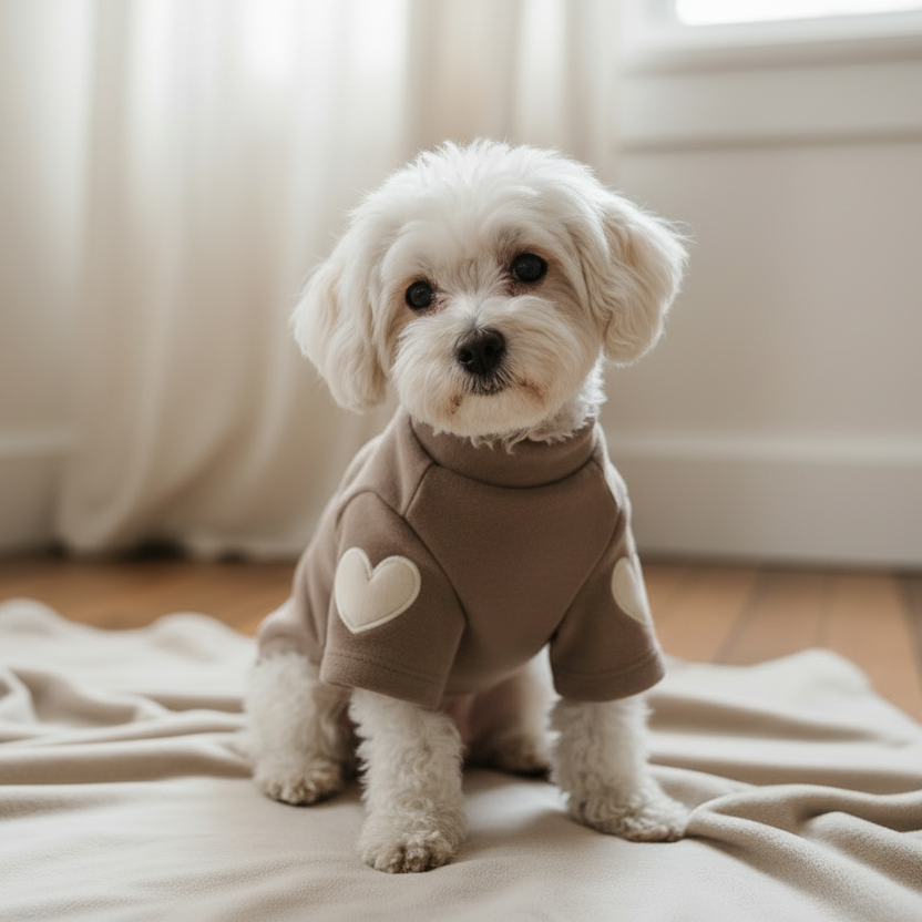 Small white dog wearing a beige sweater with heart patches, sitting indoors on a blanket.