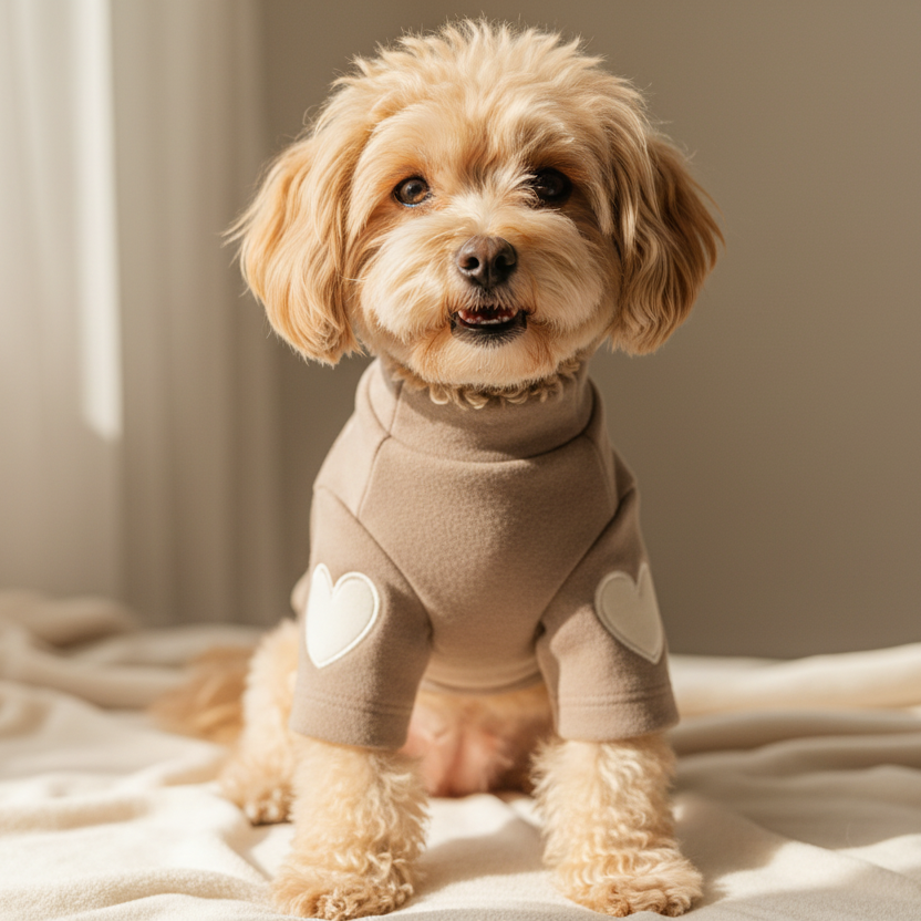 Small dog wearing beige pet sweater with white heart patches, sitting on a bed indoors