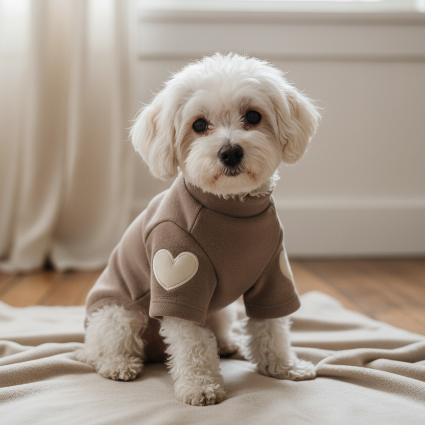 Small white dog wearing a brown pet sweater with heart patches, sitting indoors