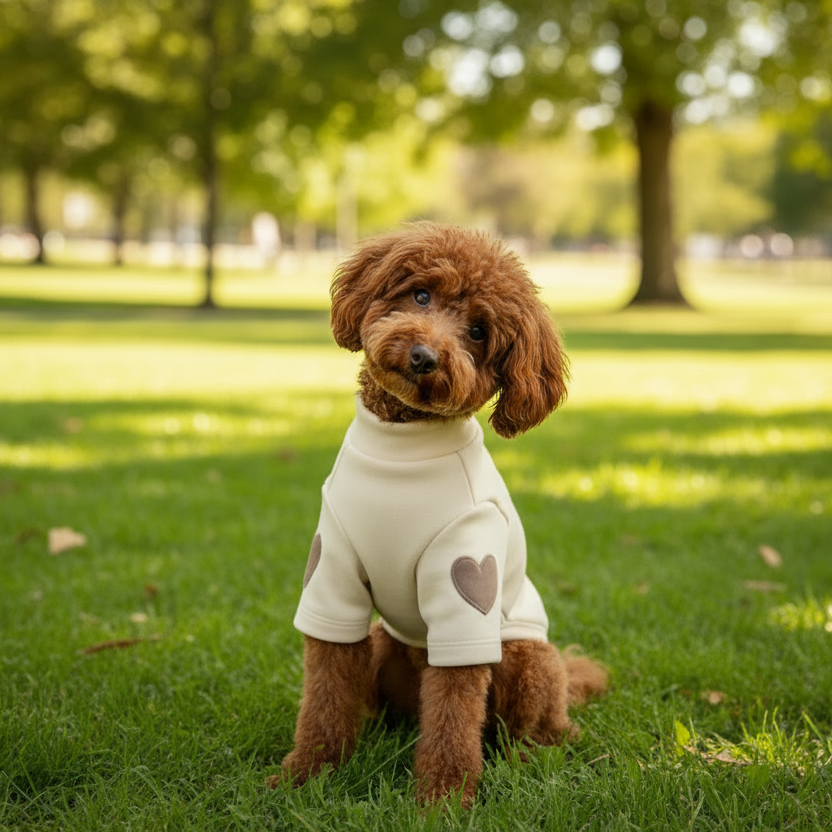 Small brown poodle wearing a cream sweater with heart patches sitting on green grass outdoors.