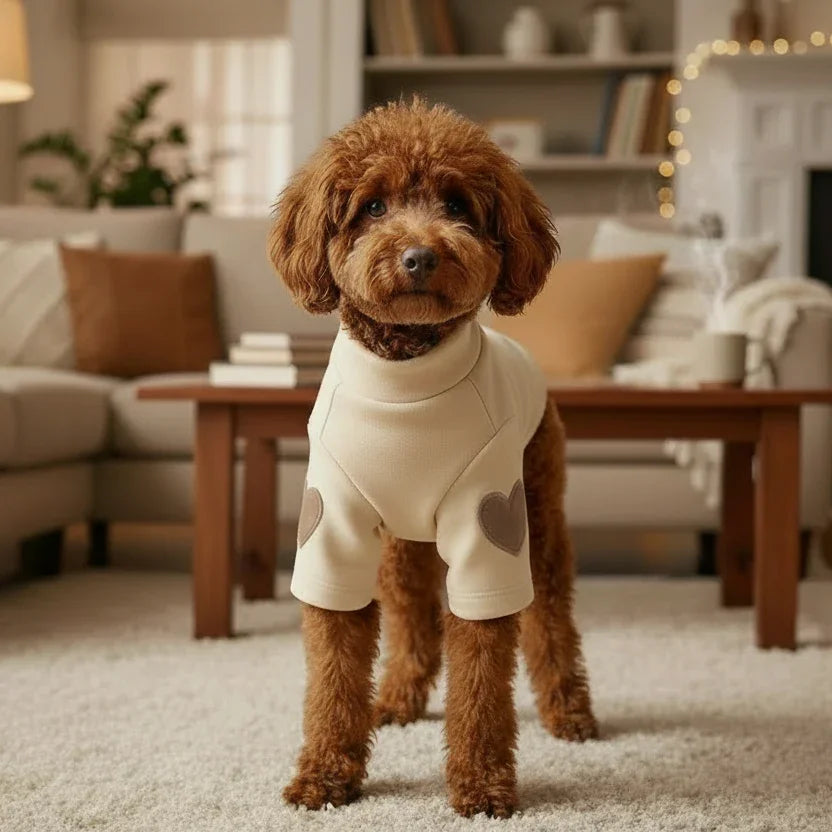 Cute brown dog in cozy cream pet sweater with heart patches, standing in a stylish living room.