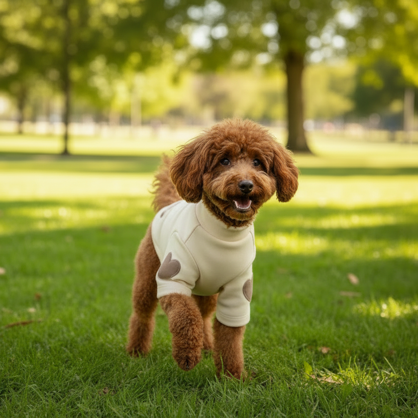 Small brown dog in cream pet sweater with heart patches walking outdoors on grass.