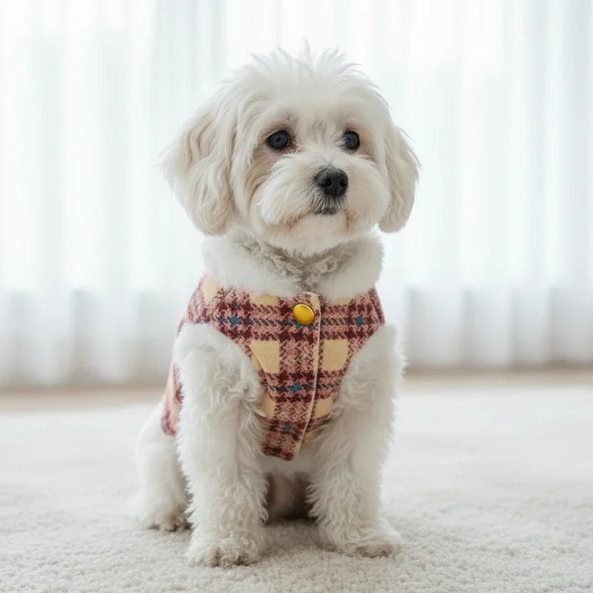 Small white dog in plaid pet vest sitting indoors on carpet