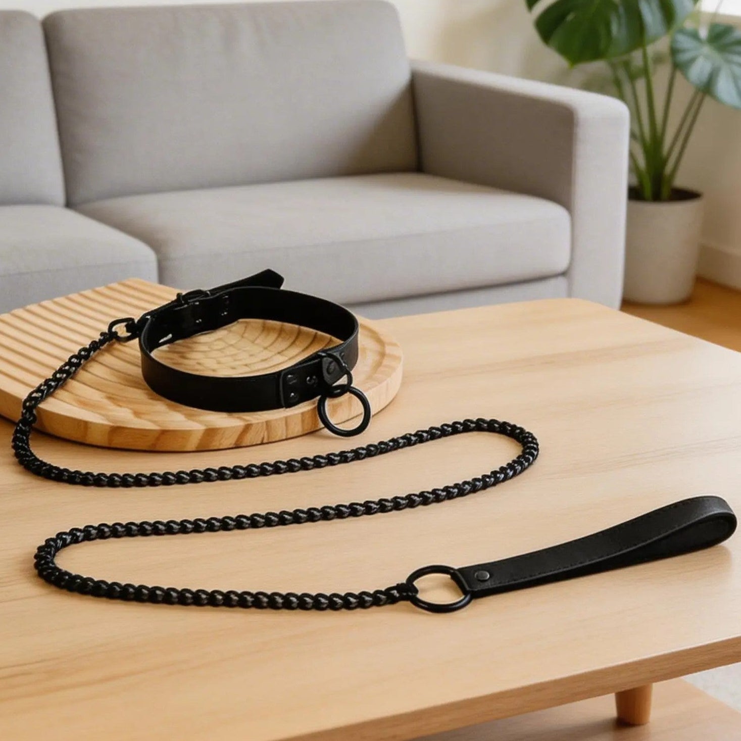 Black pet leash and collar set on wooden table in modern living room