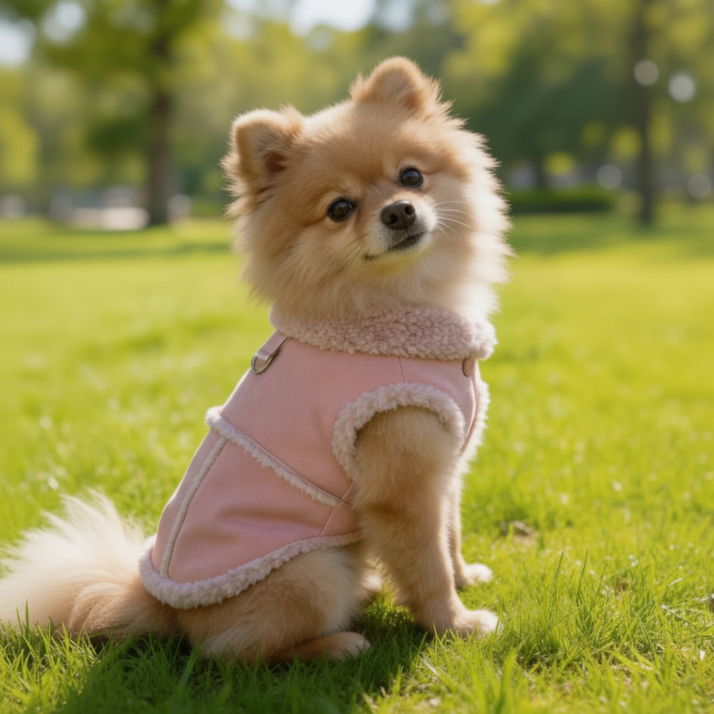 Small dog wearing a pink fleece pet jacket sitting on green grass outdoors
