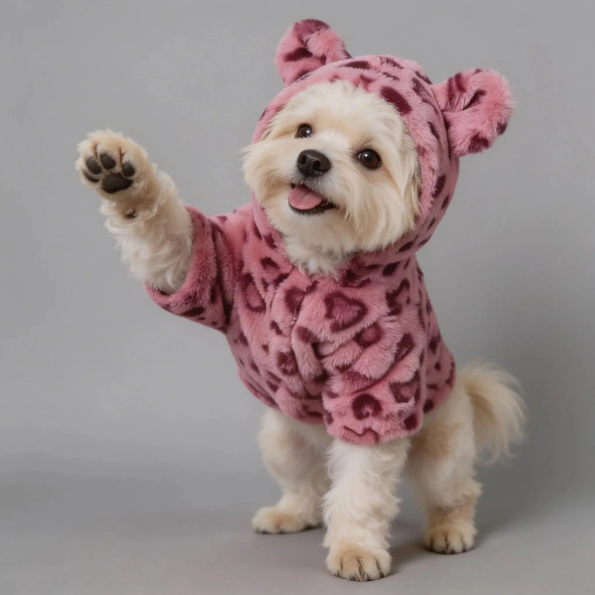 Small dog in pink leopard print plush hoodie with bear ears posing on gray background