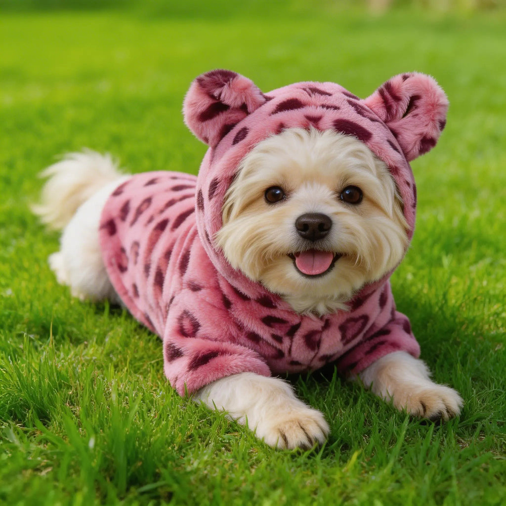 Small dog in pink leopard print hoodie with bear ears lying on green grass