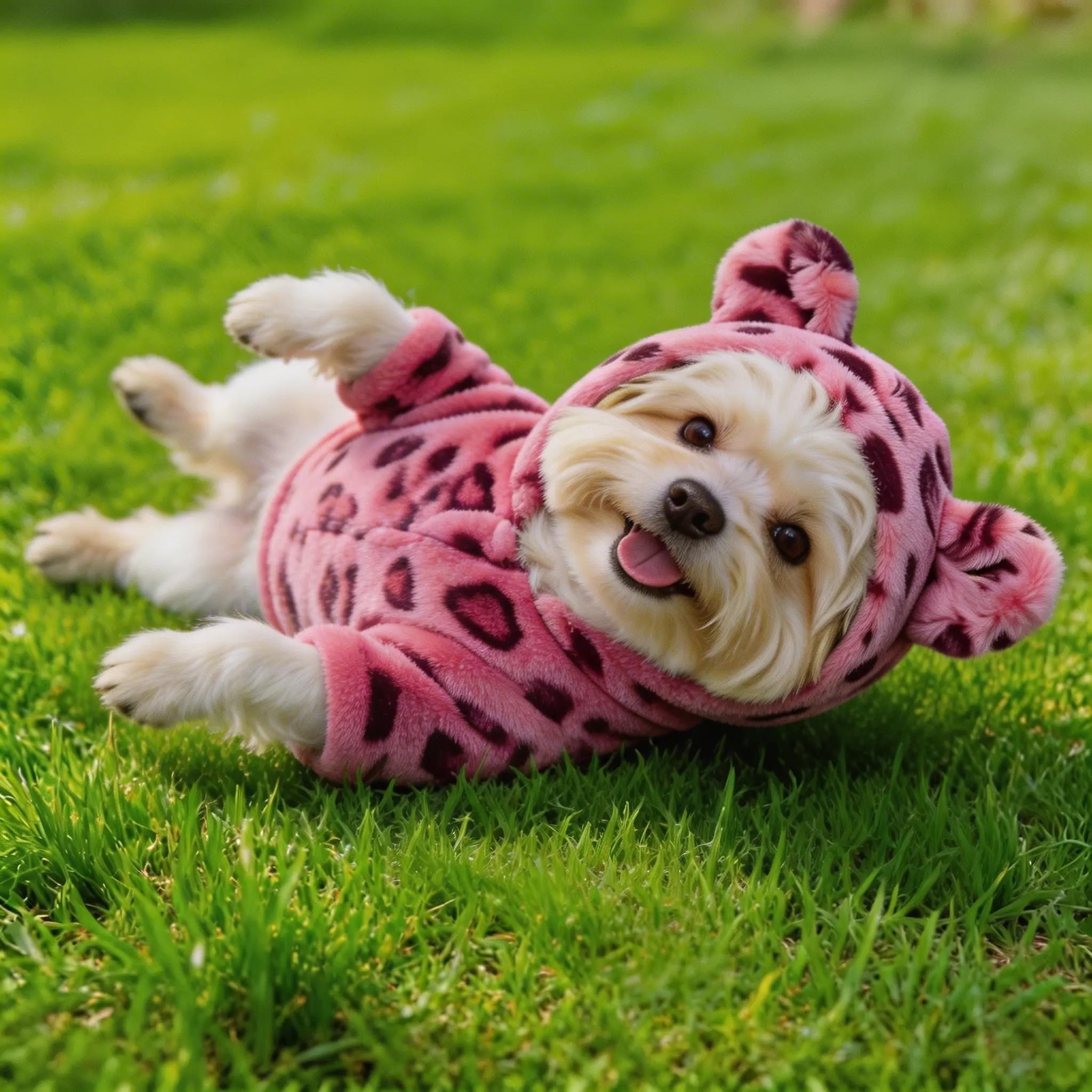 Small dog in pink leopard print hoodie with ears laying on green grass