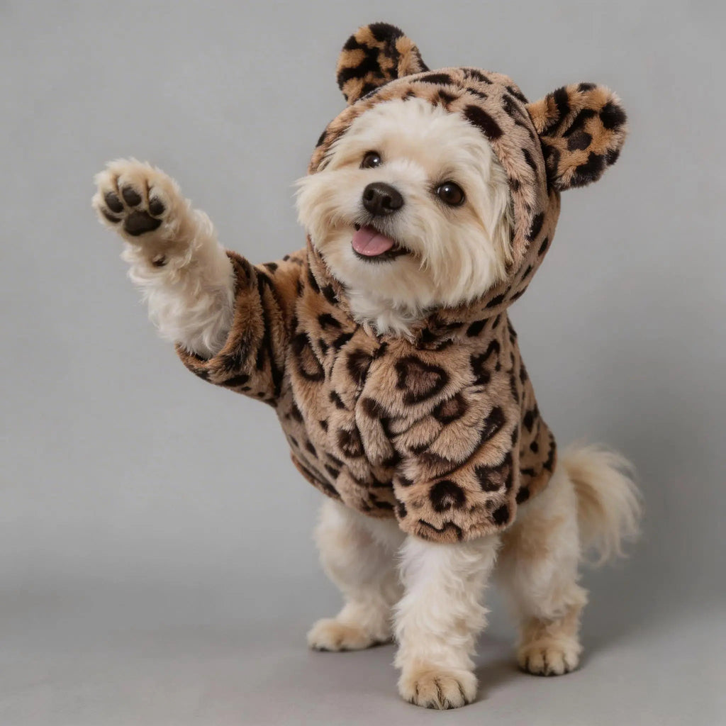 Small fluffy dog wearing a cute leopard print hoodie with ears, posing indoors