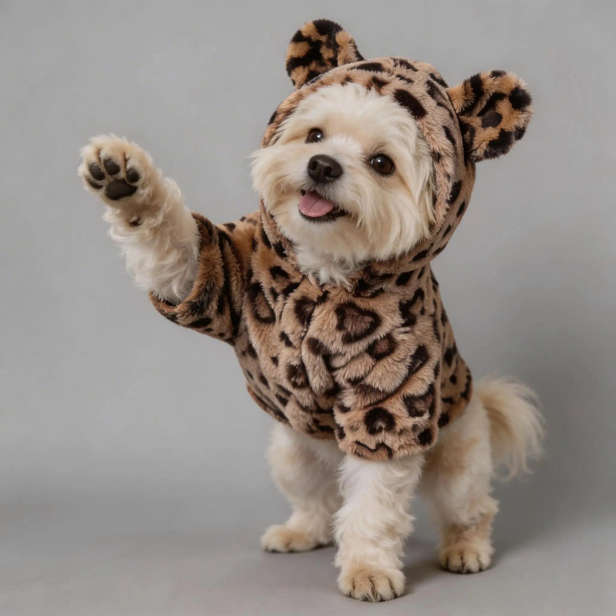 Small fluffy dog wearing a cute leopard print hoodie with ears, posing indoors