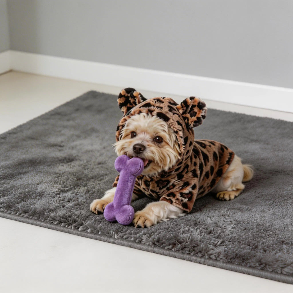 Small dog in leopard print hoodie with ears chewing a purple bone toy on gray rug