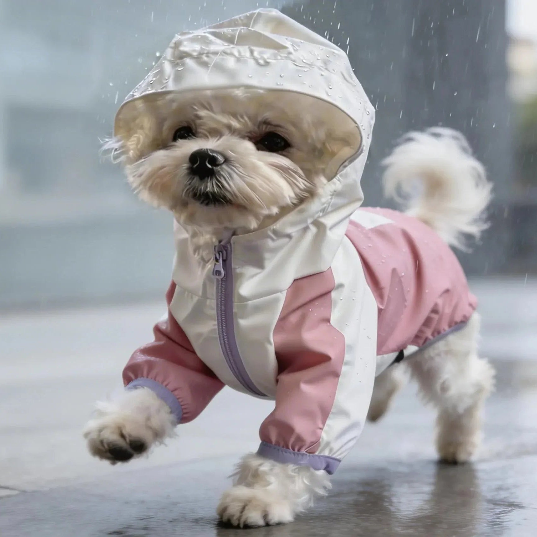 Small dog in pink and white raincoat walking outdoors on a rainy day