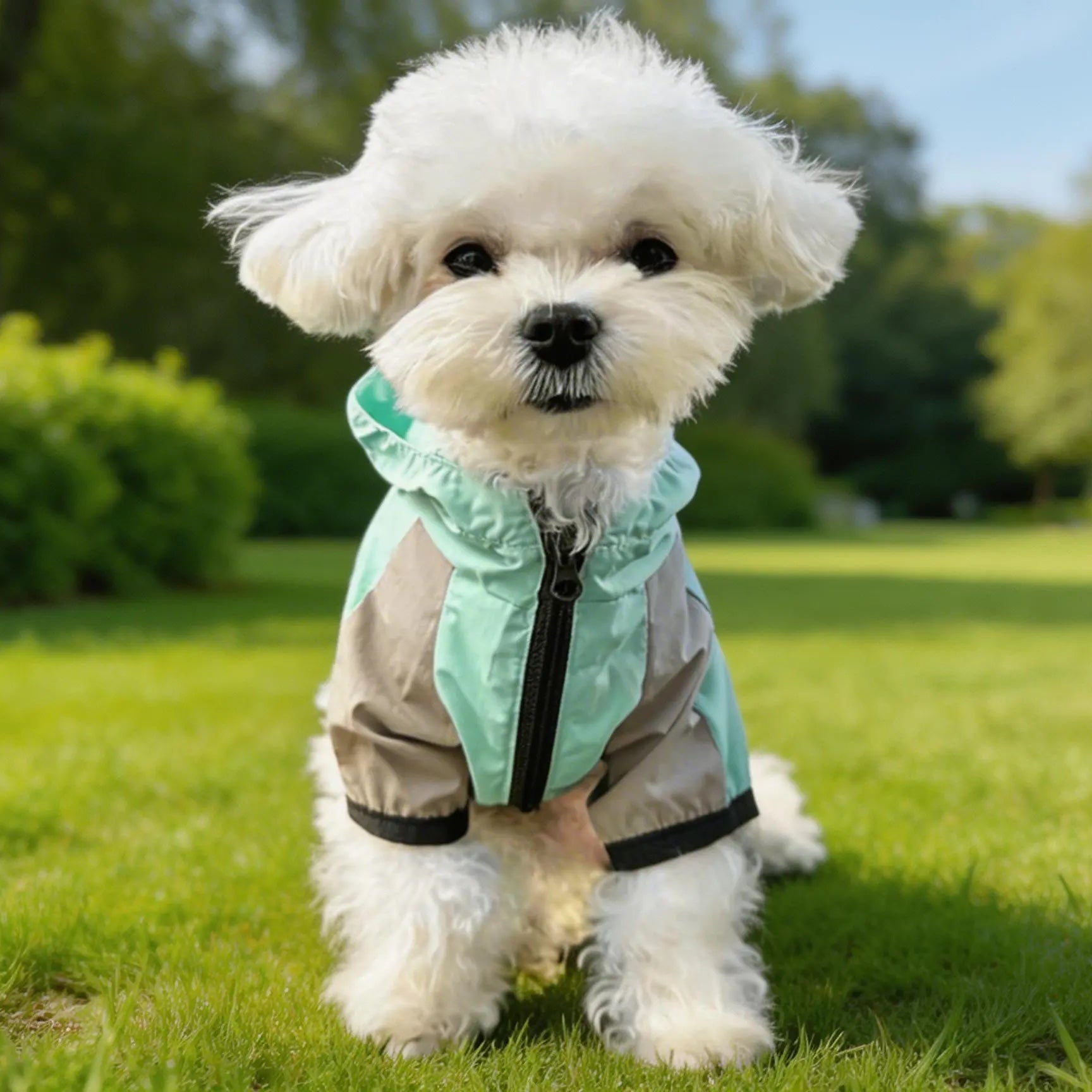 Small white dog in a mint green and gray pet jacket sitting on grass outdoors