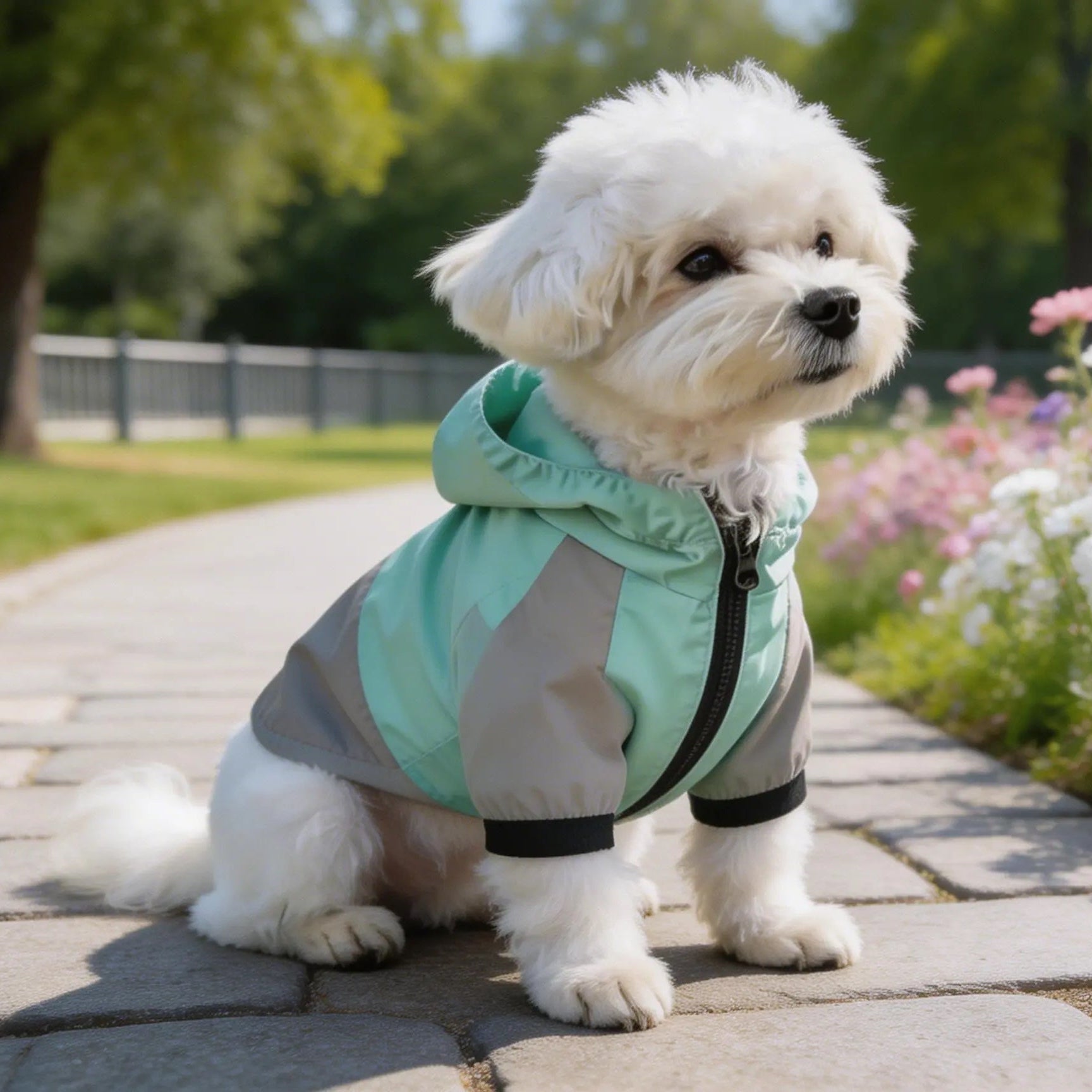 Small white dog in mint green pet jacket sitting on garden path with colorful flowers