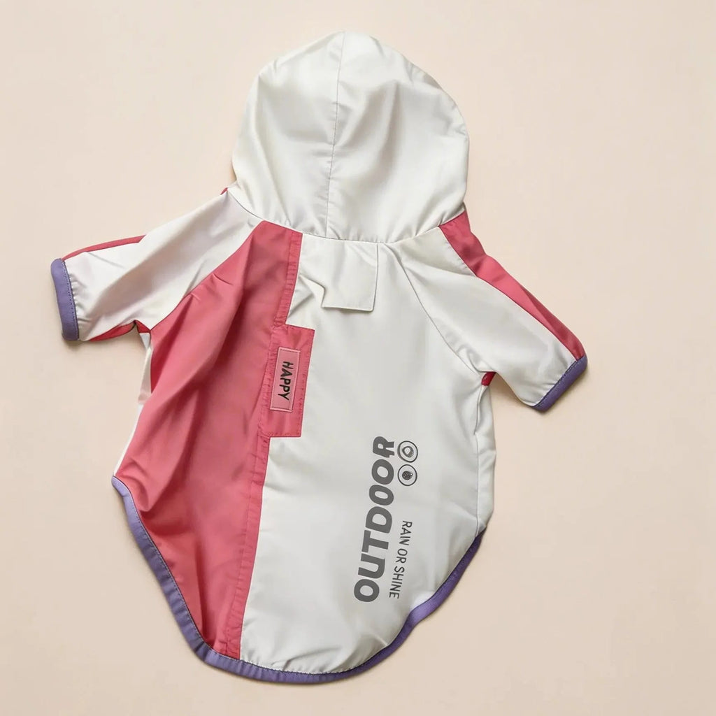 Pink and white hooded dog raincoat with OUTDOOR print, pet clothes for small dogs