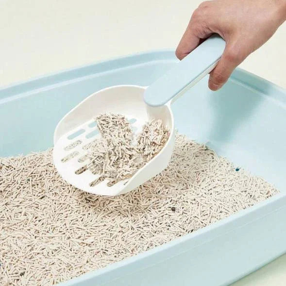 Hand scooping clumping cat litter with a sifting litter scoop in a light blue litter box