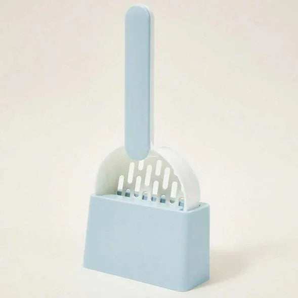 Blue plastic pet litter scoop with holder on a neutral background