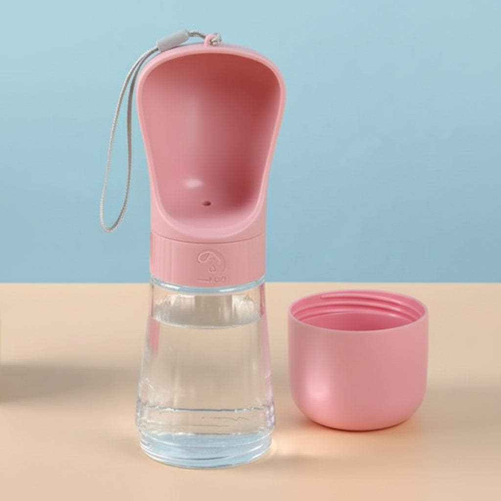 Pink portable pet water bottle with drinking cup for dogs or cats on a beige surface