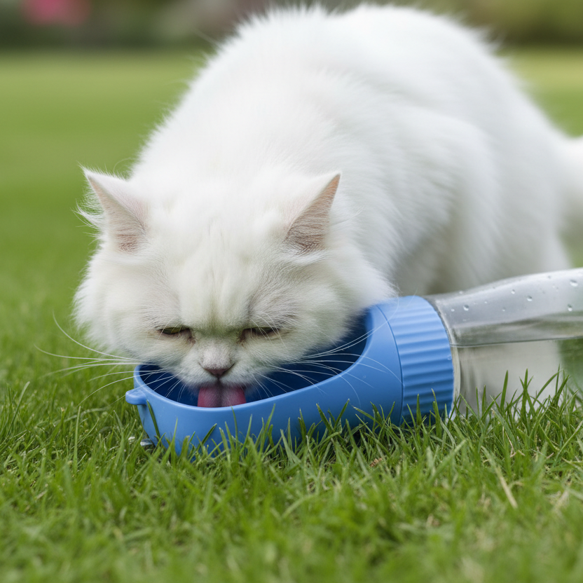 White cat drinking from portable pet water bottle on grass outdoors