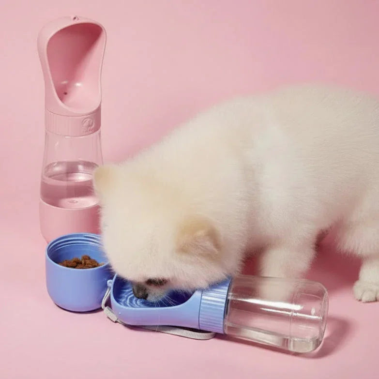 White puppy drinking water from portable pet bottle with treats on a pink background