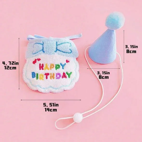 Pet birthday set with colorful 'Happy Birthday' bib and blue party hat, size measurements shown