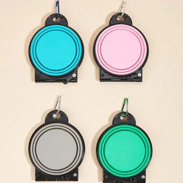 Set of four collapsible silicone pet bowls in blue, pink, gray, and green with carabiners
