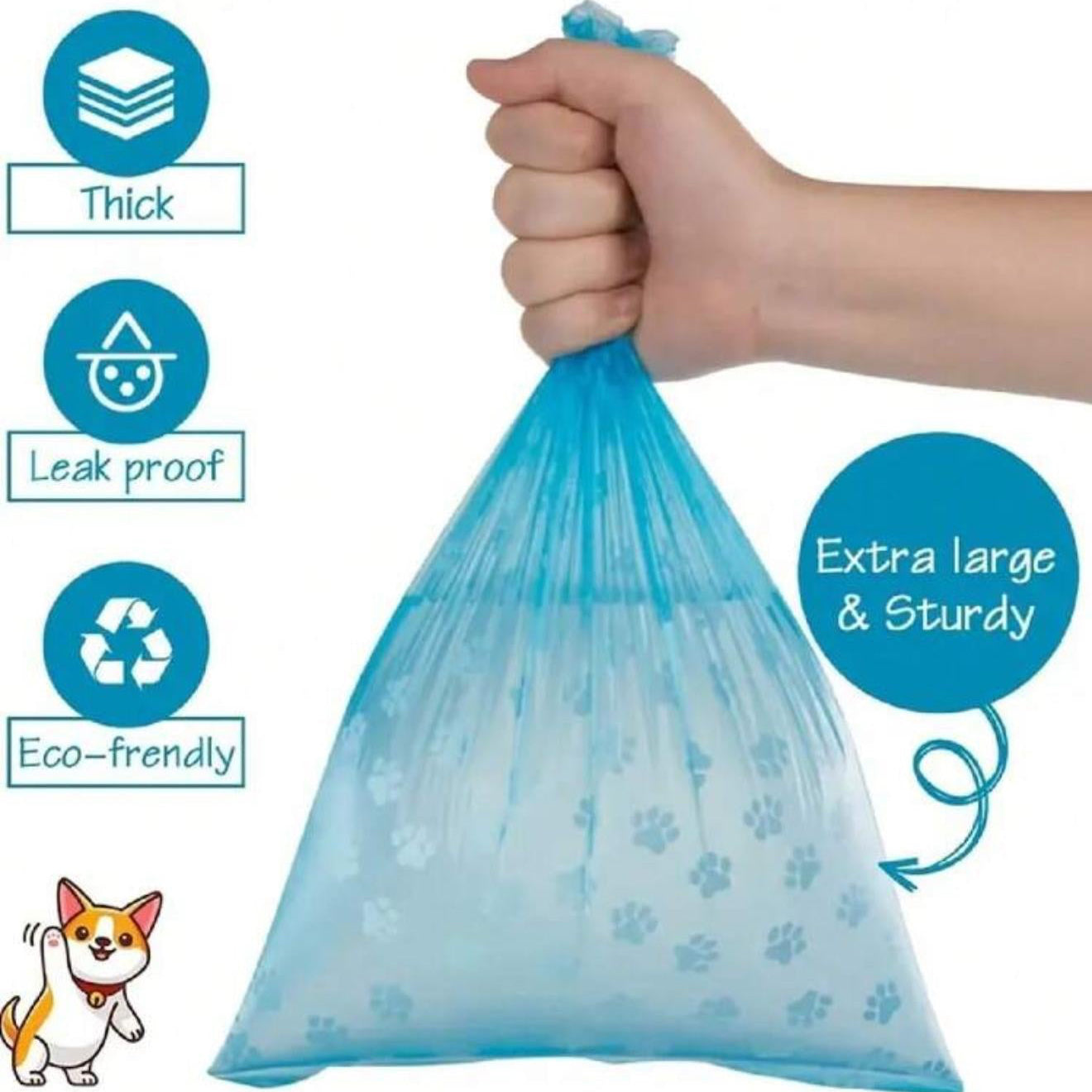 Hand holding extra large blue pet waste bag with paw prints, leak proof and eco-friendly
