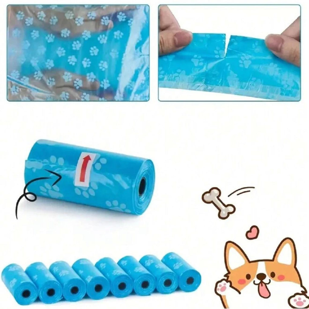 Blue pet waste bags with white paw prints, shown in rolls and being torn for use.
